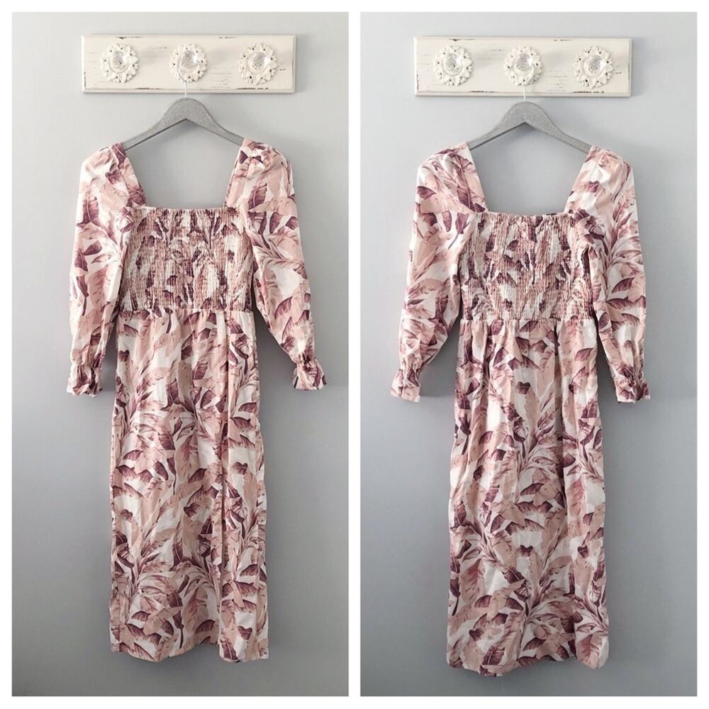 House of Harlow 1960 Linen Smocked Leaf Print Dress NEW